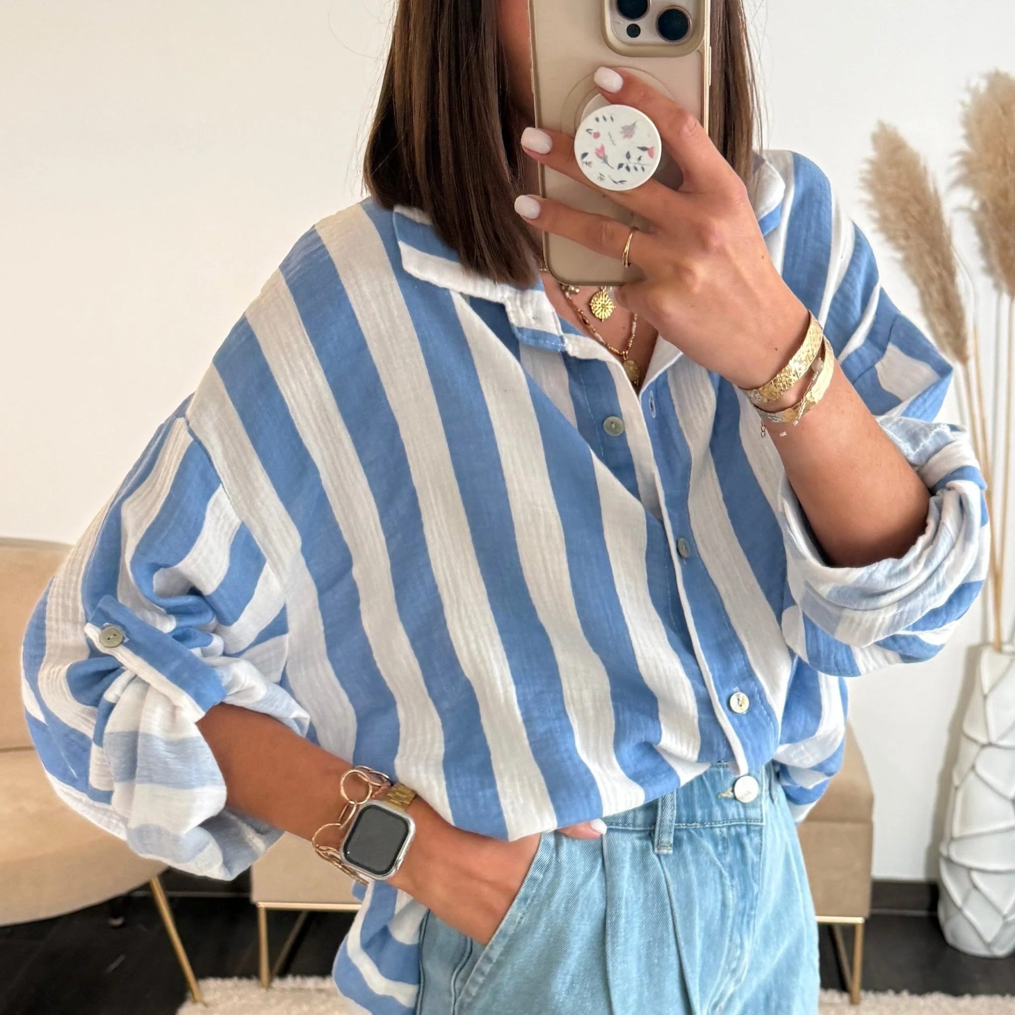 CHEMISE GAZE DE COTON RAYE BLEU ET BLANC - Image 3