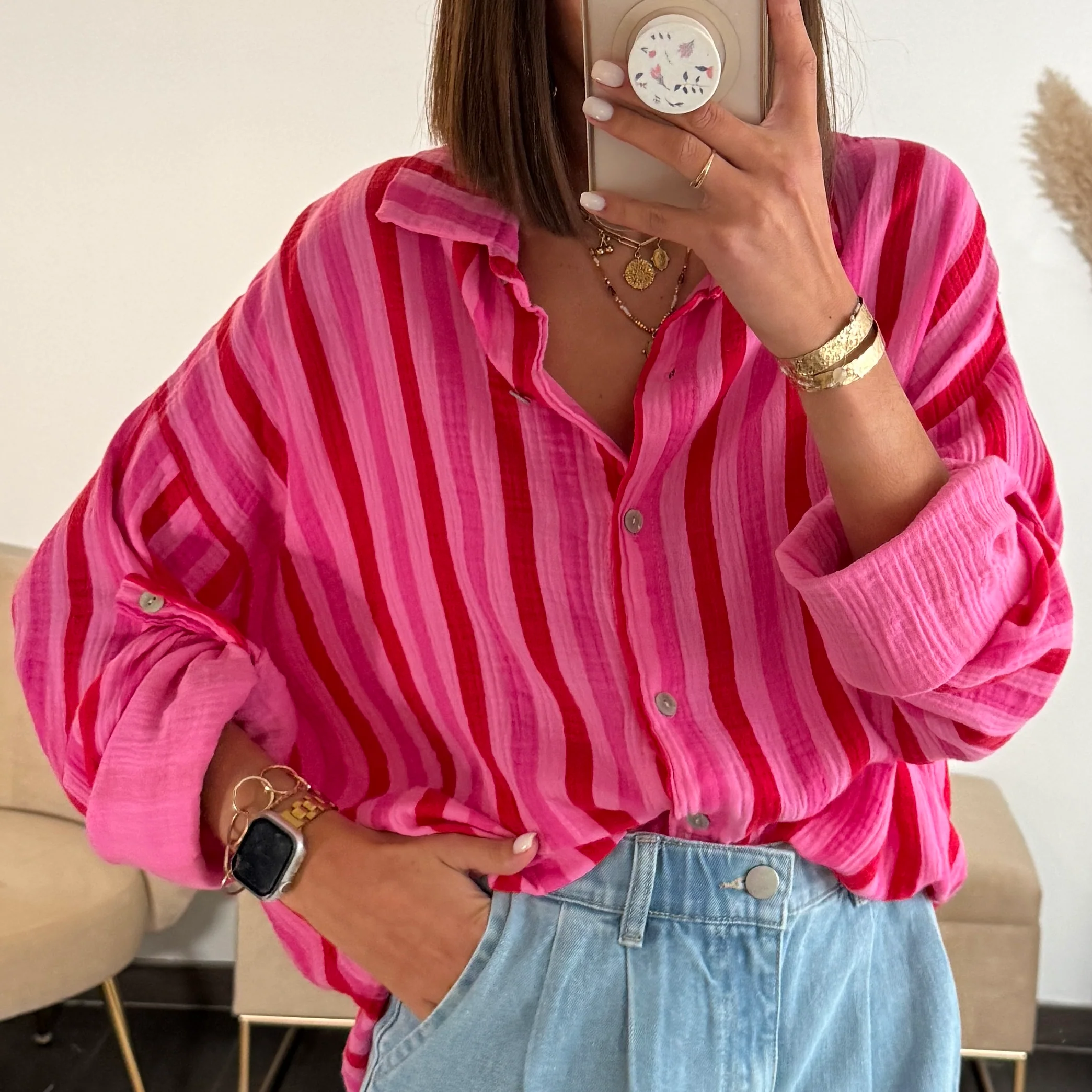 CHEMISE GAZE DE COTON RAYE ROUGE ET ROSE - Image 2