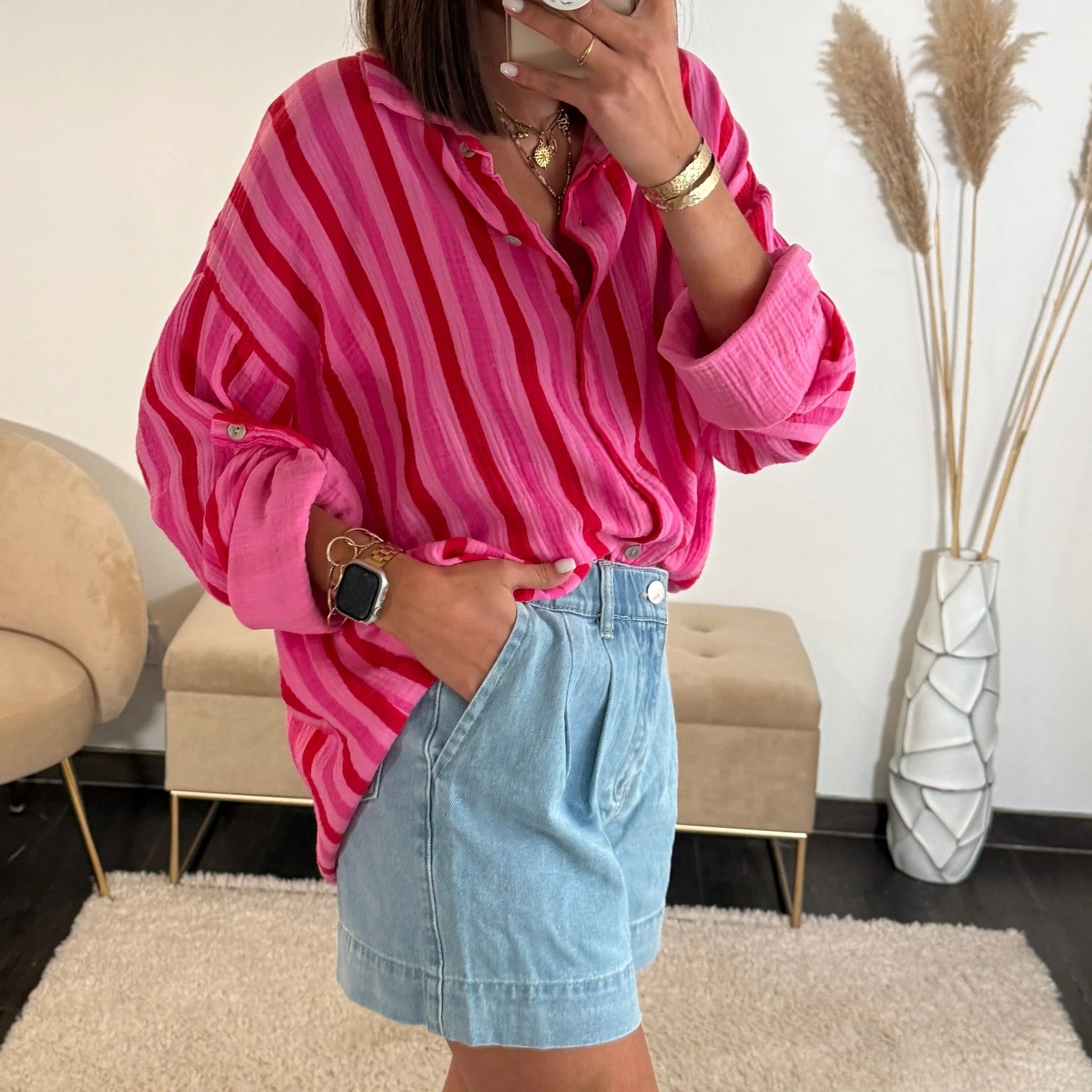 CHEMISE GAZE DE COTON RAYE ROUGE ET ROSE - Image 3