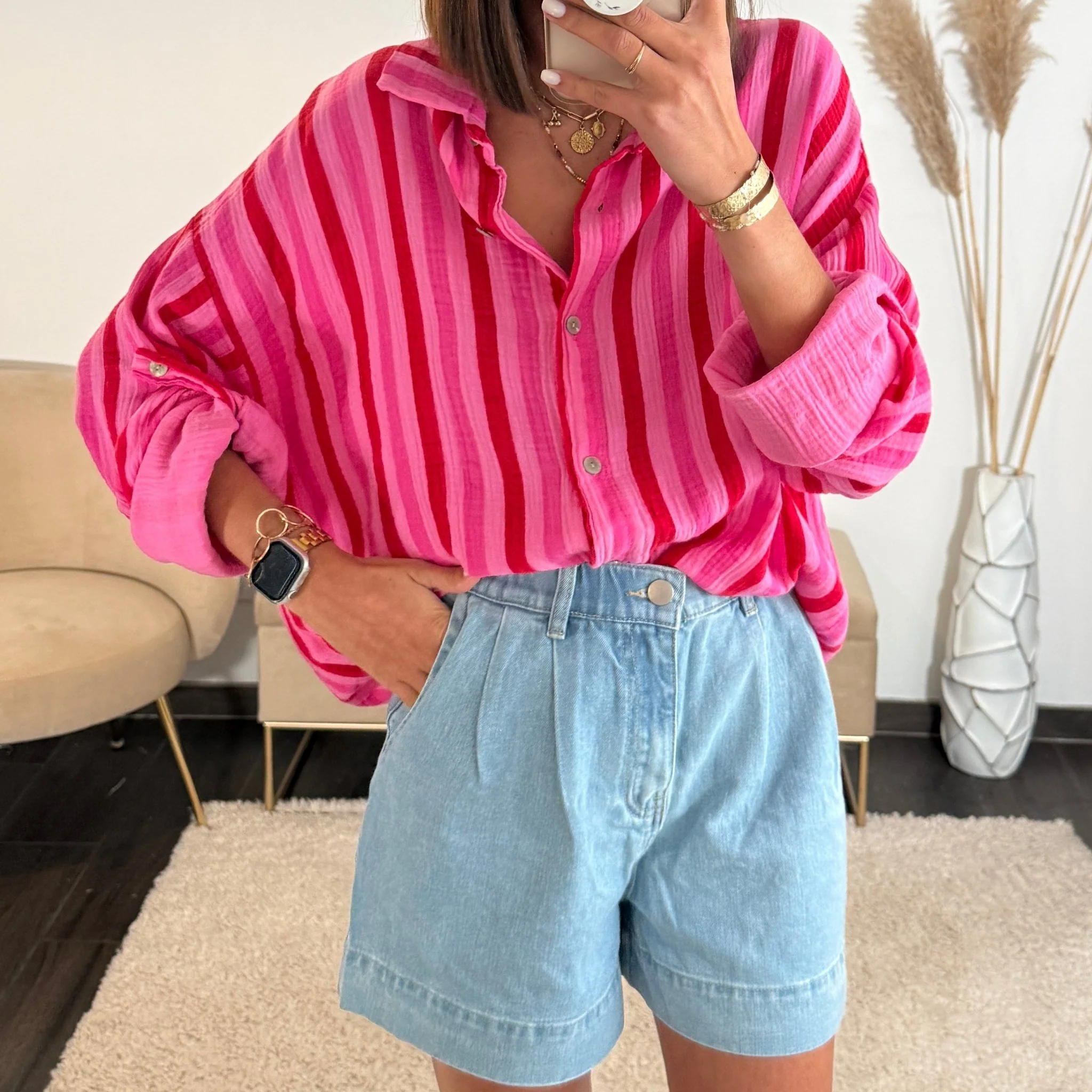 CHEMISE GAZE DE COTON RAYE ROUGE ET ROSE - Image 4