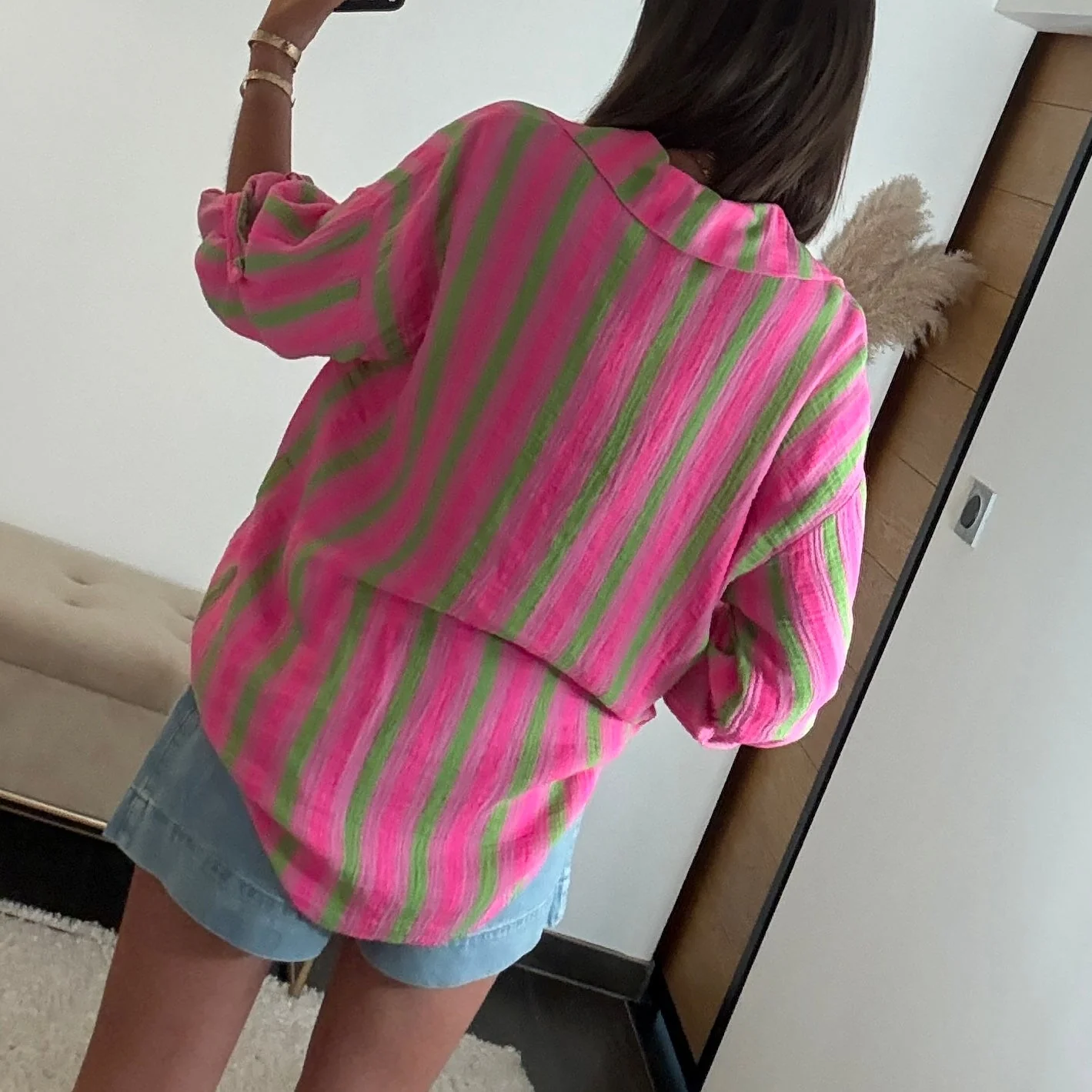 CHEMISE GAZE DE COTON RAYE VERT ET ROSE - Image 4