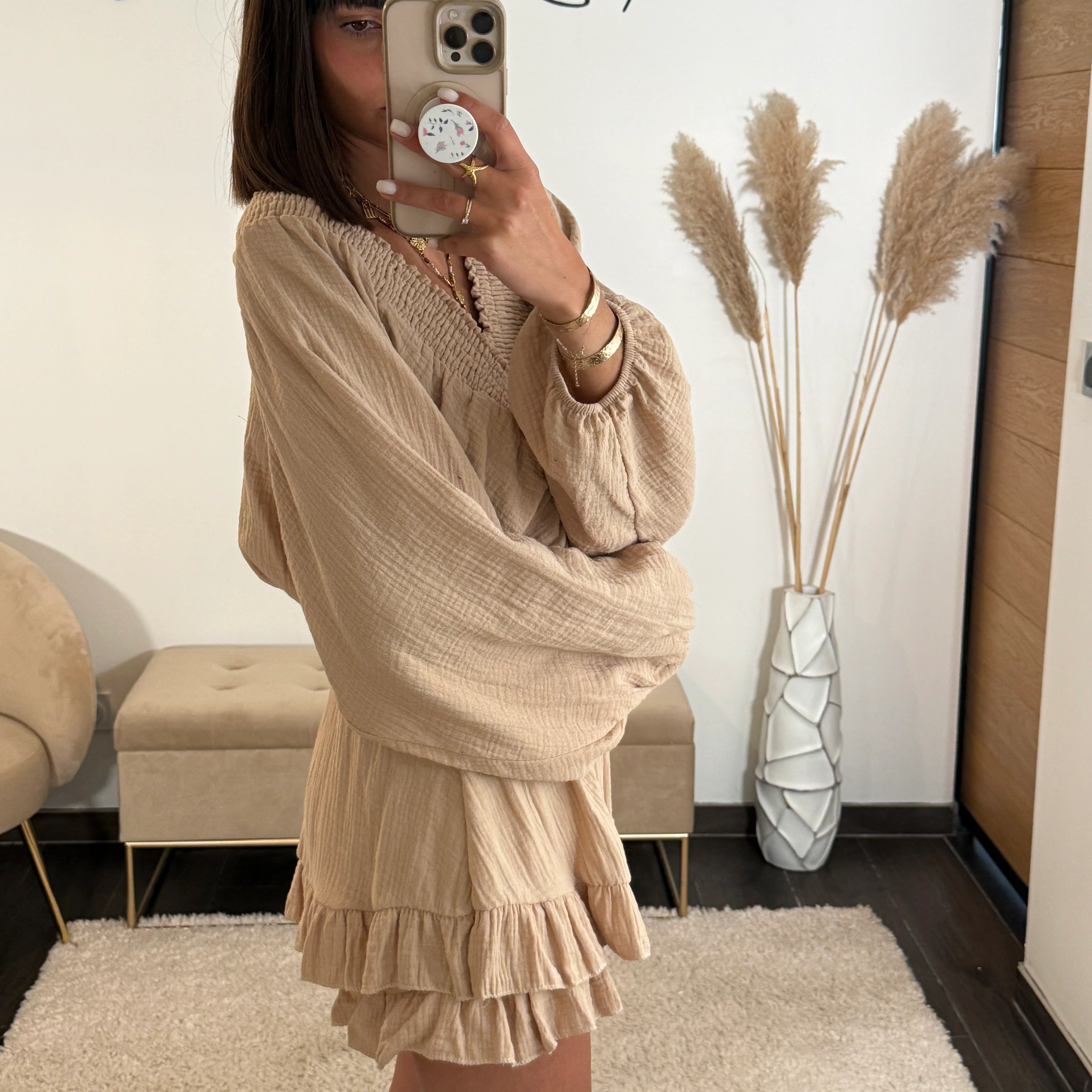 ENSEMBLE GAZE DE COTON BEIGE TELIO - Image 2