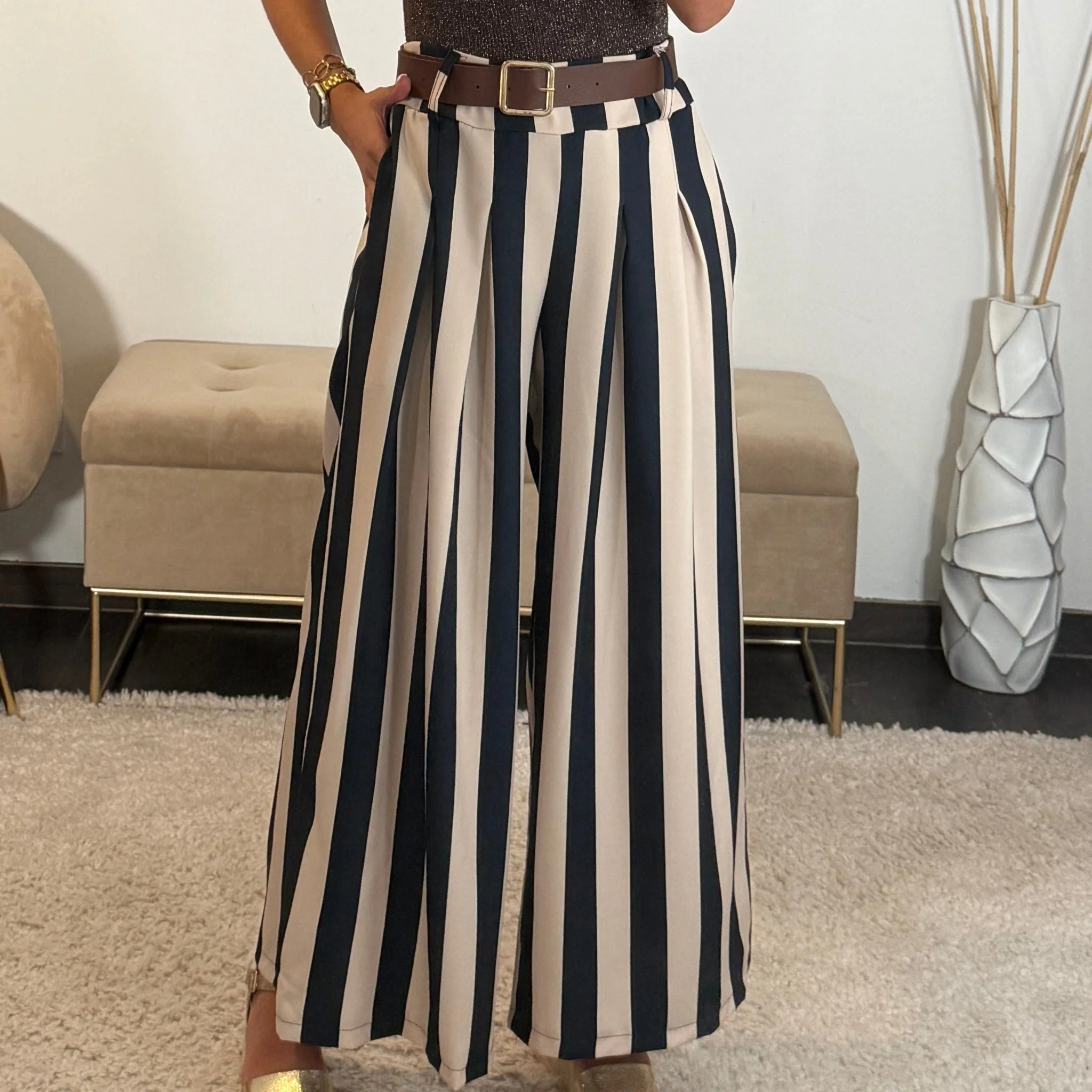 PANTALON RAYE BEIGE ET BLEU + CEINTURE - Image 2