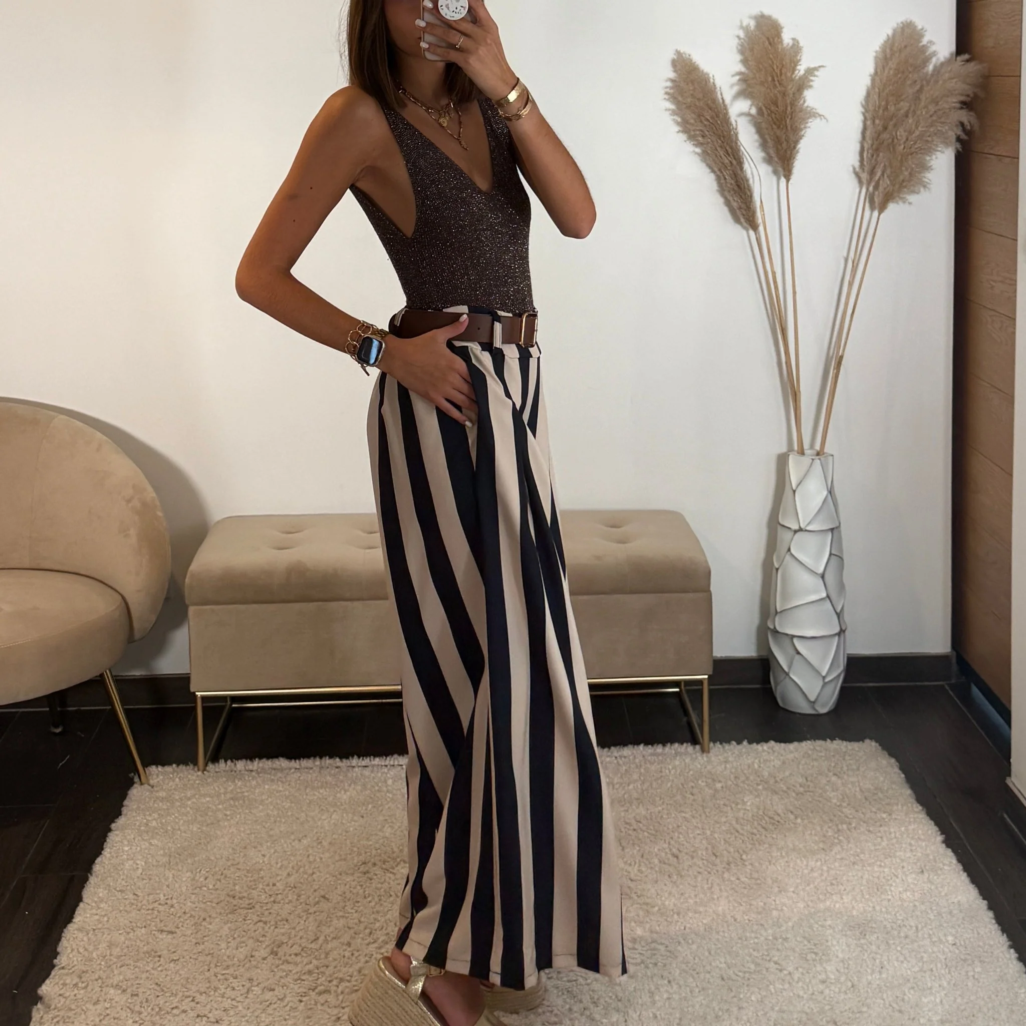 PANTALON RAYE BEIGE ET BLEU + CEINTURE - Image 3