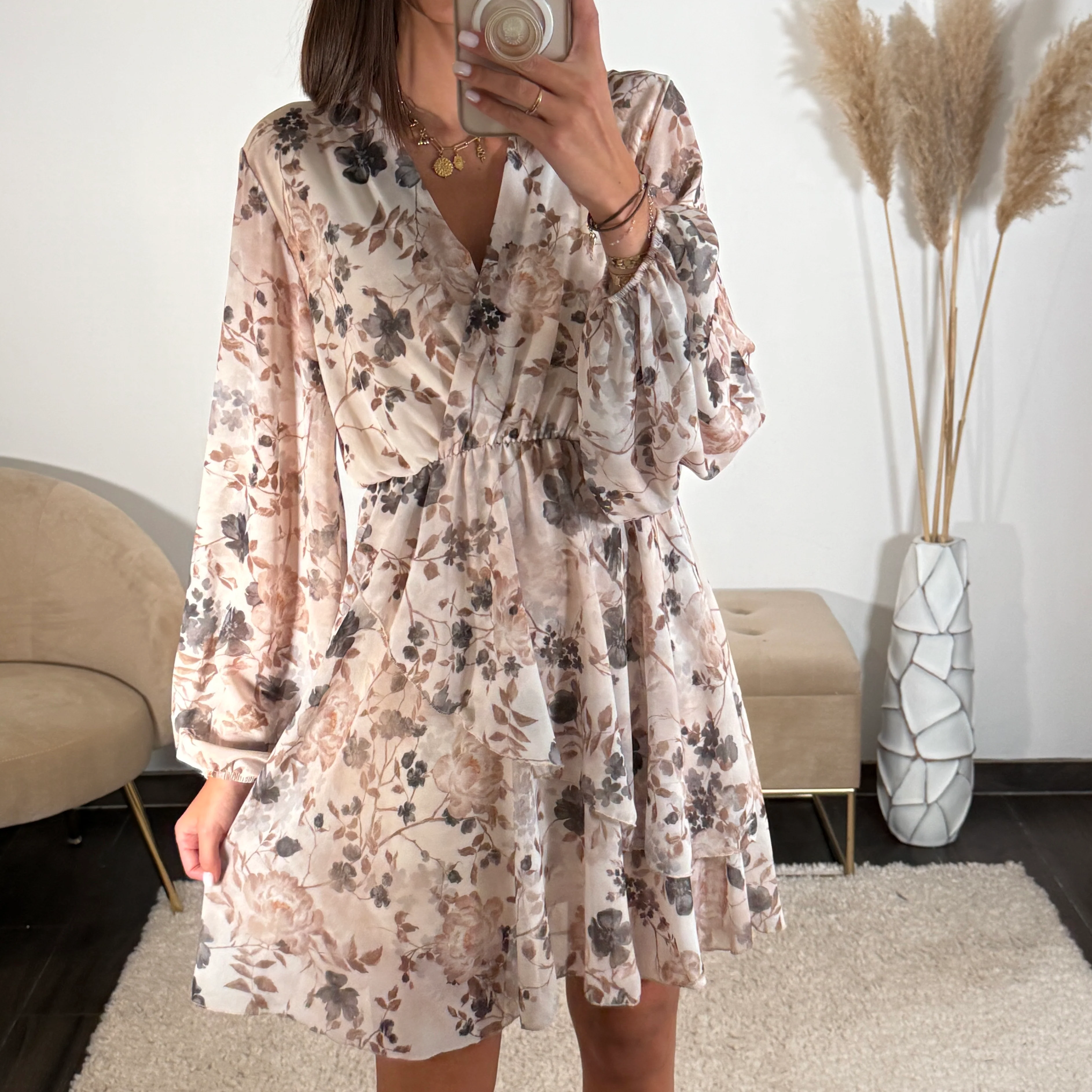 ROBE COURTE BEIGE FEUILLE ELINA - Image 3
