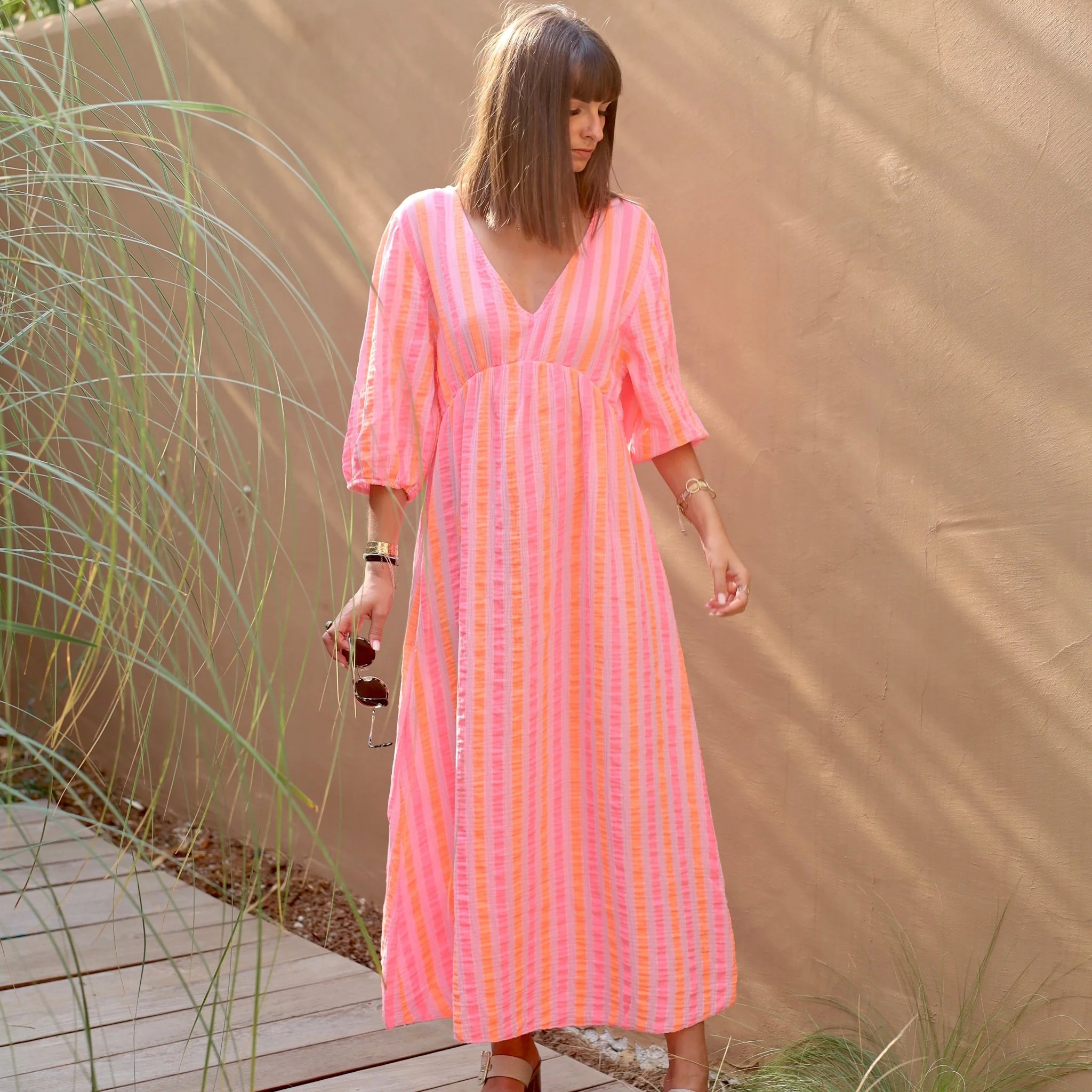 ROBE GAZE DE COTON ORANGE ET ROSE LINDA