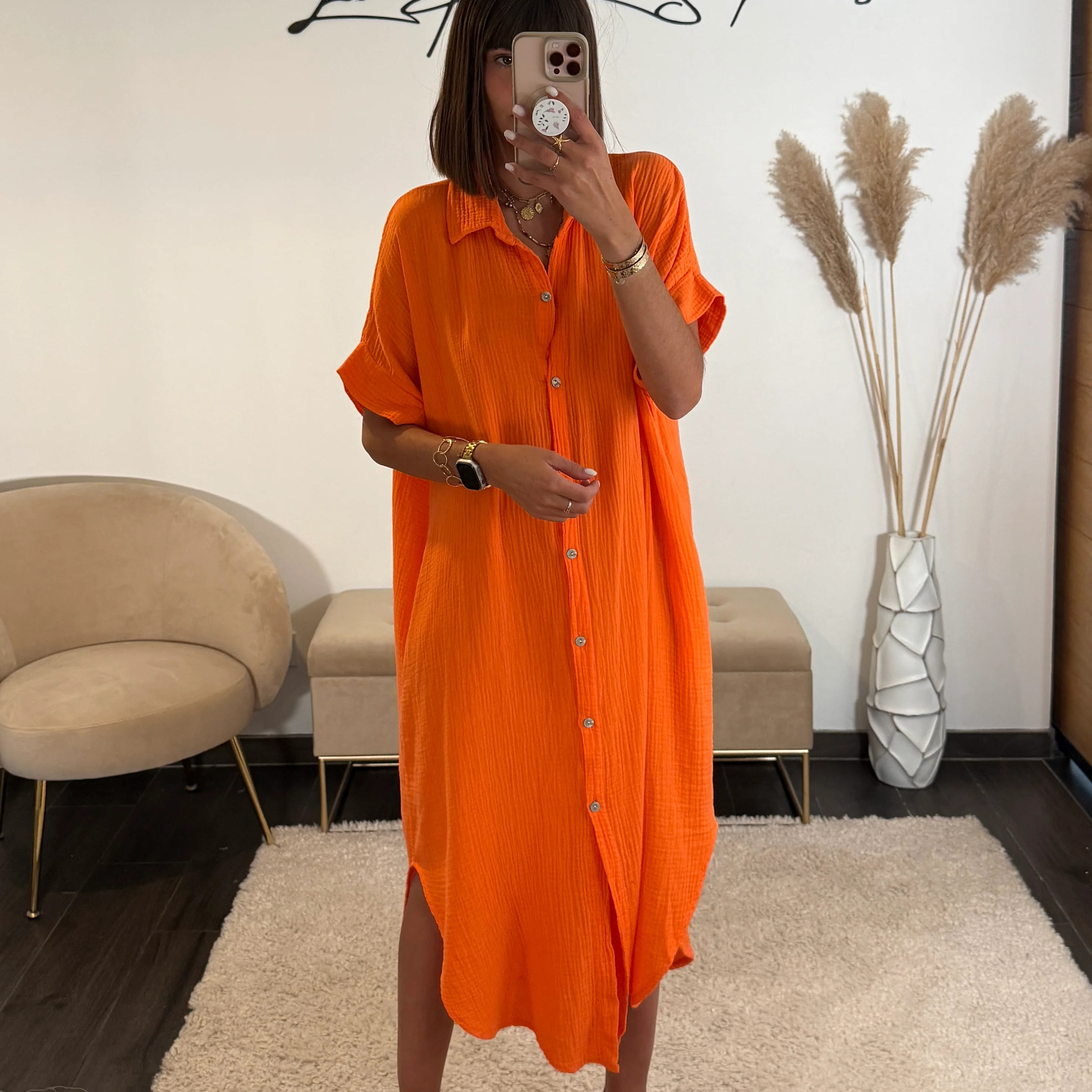 ROBE GAZE DE COTON ORANGE JULIE - Image 3